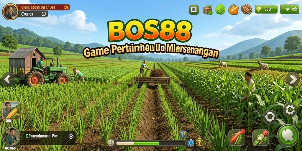 Screenshot gameplay BOS88 menunjukkan keseruan bertani di kebun yang subur.